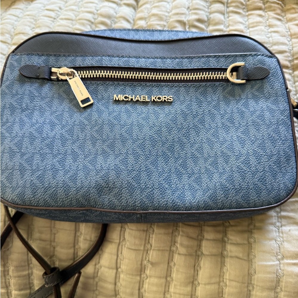 Michael Kors Blue Monogram Crossbody Bag with Gold Accents